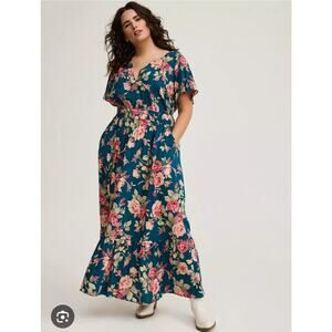Torrid Maxi Dress Plus Size 4X Challis Smocked Waist Blue Pink Floral